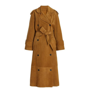 Women's tan brown suede trench coat with belted waist, spread collar, and front button closure – made from real suede leather for a timeless fall look.