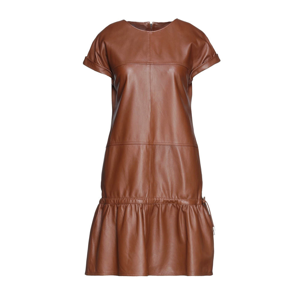 Brown Real Leather Mini Dress with Ruffle Hem - Short Sleeve Casual Fi Brown Real Leather Mini Dress with Ruffle Hem - Short Sleeve Casual Fi