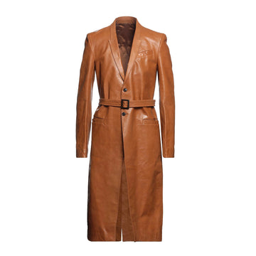 Genuine brown leather coat for men – long and bold design with a stylish belt, perfect for a sophisticated and commanding look.