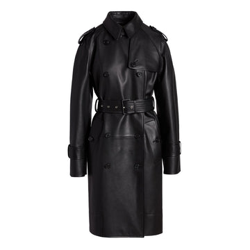 Women's black leather trench coat, double-breasted, belted, epaulettes, long outerwear, fashion