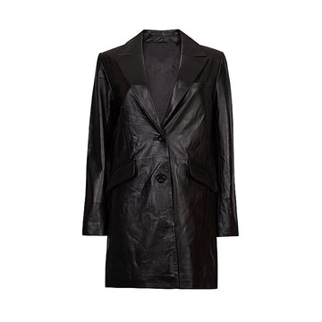 Front view of a men’s black long leather coat with a classic button closure and notched collar.