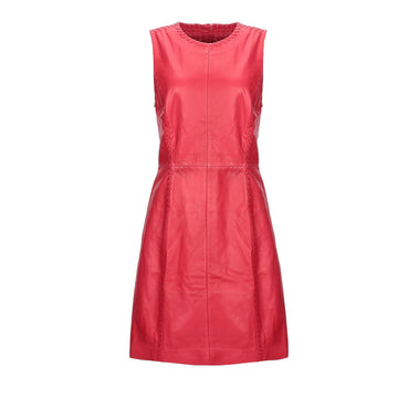 Front view of a Red Real Leather Sleeveless Midi Dress Elegant Fit and Flare Style – Women's Fashion featuring a crew neckline, subtle vertical seam detailing down the bodice, and a slightly flared skirt.