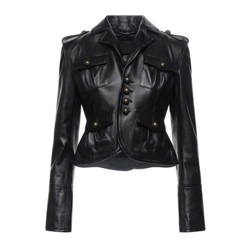 Women's black leather jacket, military style, epaulets, buttoned pockets, cinched waist, fashion, outerwear.