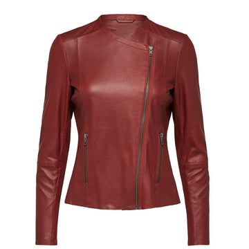 Women's red leather jacket, asymmetrical zipper, pockets, fashion, outerwear