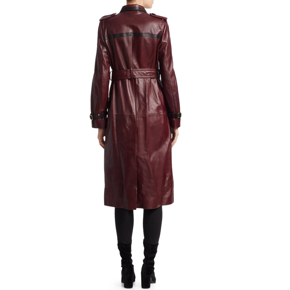 Women's premium leather coat – long trench jacket with a spread collar, front button closure, and classic belt, perfect for sophisticated styling.