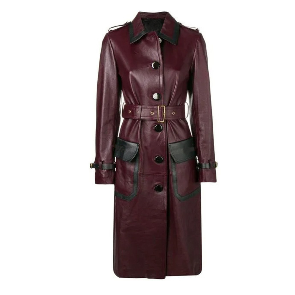 Stylish women's long trench leather coat with a belt, crafted from real lambskin, featuring a spread collar and button closure in burgundy and black.