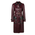 Stylish women's long trench leather coat with a belt, crafted from real lambskin, featuring a spread collar and button closure in burgundy and black.