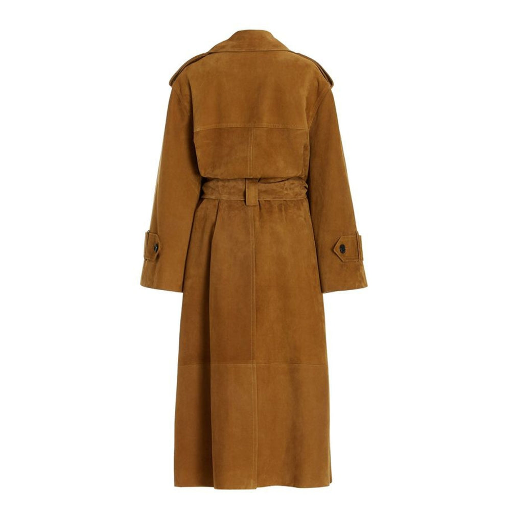 Women's tan brown suede trench coat with belted waist, spread collar, and front button closure – made from real suede leather for a timeless fall look.