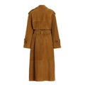 Long belted suede fall jacket for women, featuring elegant tailoring, satin lining, and classic trench coat design in luxurious tan brown.