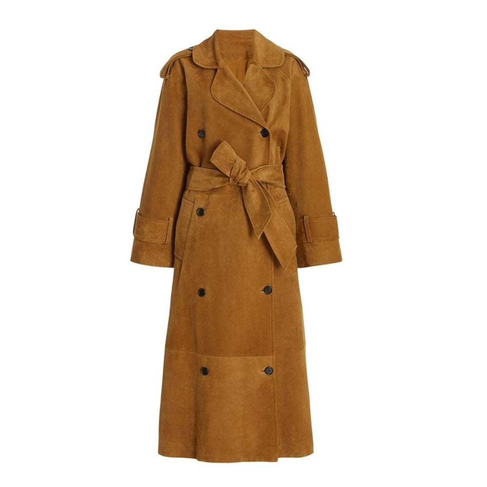 Women's tan brown suede trench coat with belted waist, spread collar, and front button closure – made from real suede leather for a timeless fall look.