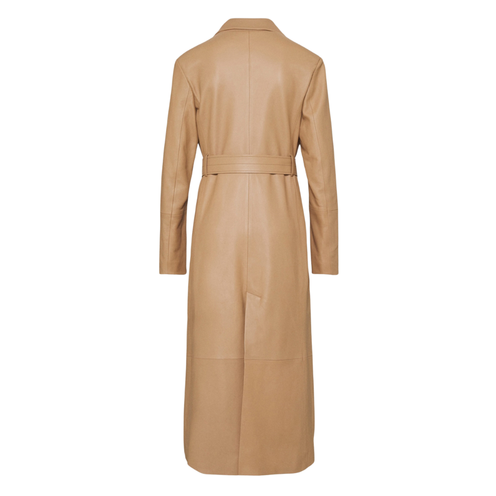 Women's leather trench coat in premium tan brown lambskin, featuring a classic long jacket design with a spread collar, button closure, and front pockets.