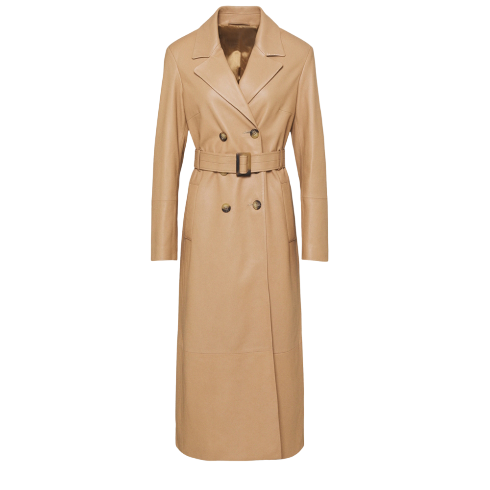 Women's leather trench coat in premium tan brown lambskin, featuring a classic long jacket design with a spread collar, button closure, and front pockets.