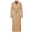 Women's leather trench coat in premium tan brown lambskin, featuring a classic long jacket design with a spread collar, button closure, and front pockets.