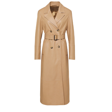 Women's leather trench coat in premium tan brown lambskin, featuring a classic long jacket design with a spread collar, button closure, and front pockets.