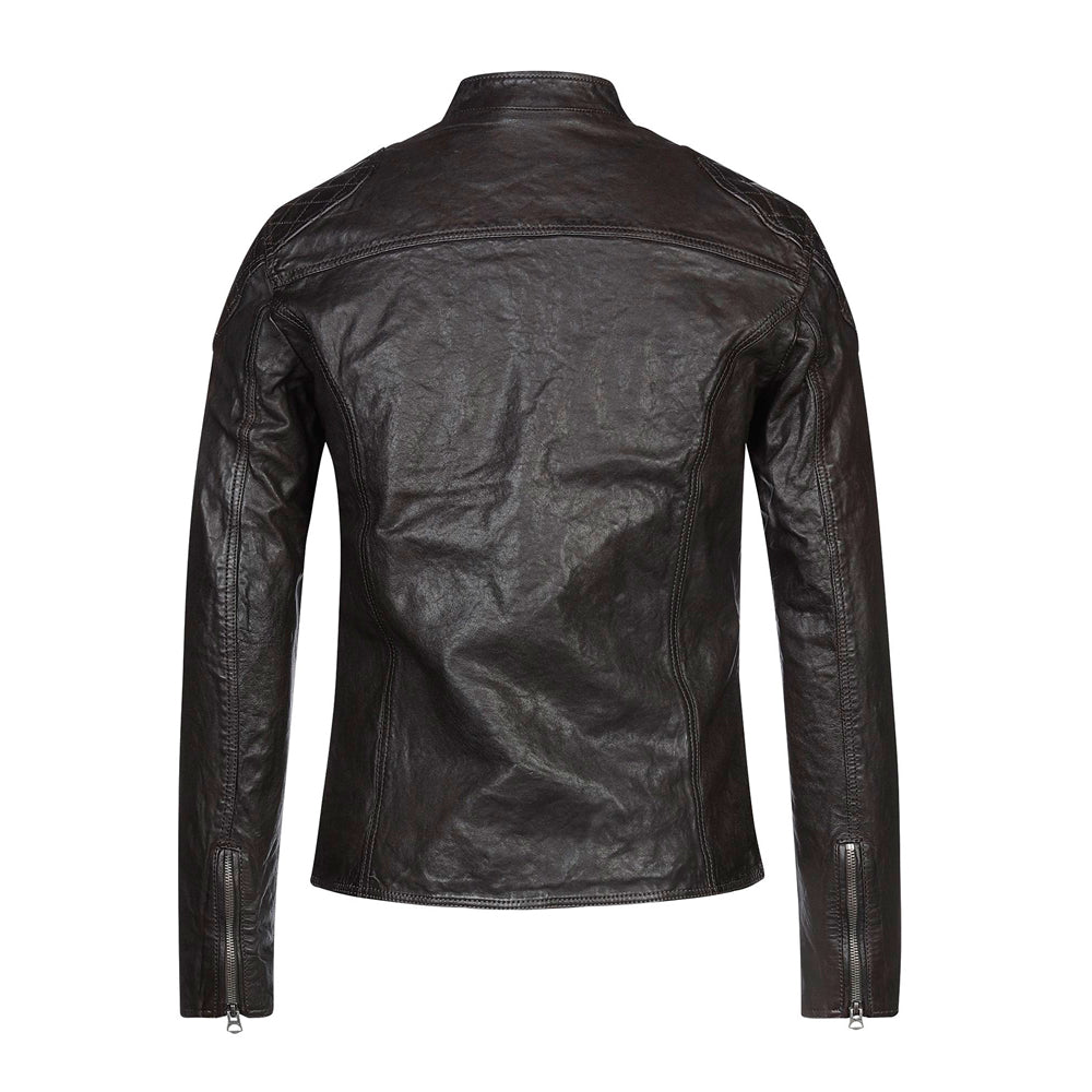 Back view of a genuine brown leather jacket for men, highlighting its smooth finish, fine stitching, and a clean, tailored look for a sophisticated style.