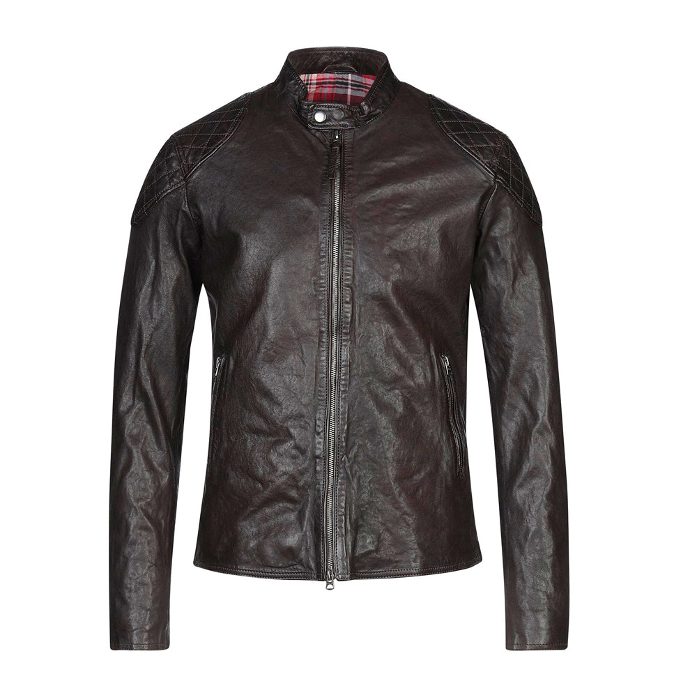 Genuine brown leather jacket for men featuring a classic design, front zipper closure, and multiple functional pockets, perfect for adding a timeless touch to any outfit.