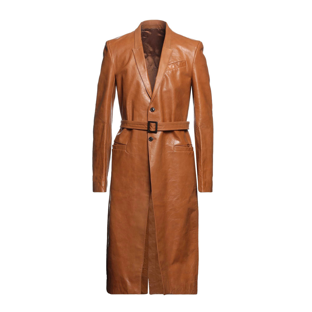 Genuine brown leather coat for men – long and bold design with a stylish belt, perfect for a sophisticated and commanding look.