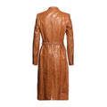 Back view of a long men's brown leather coat with a belted waist, buttoned cuffs, and a classic design.