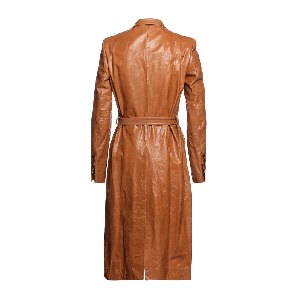 Back view of a long men's brown leather coat with a belted waist, buttoned cuffs, and a classic design.