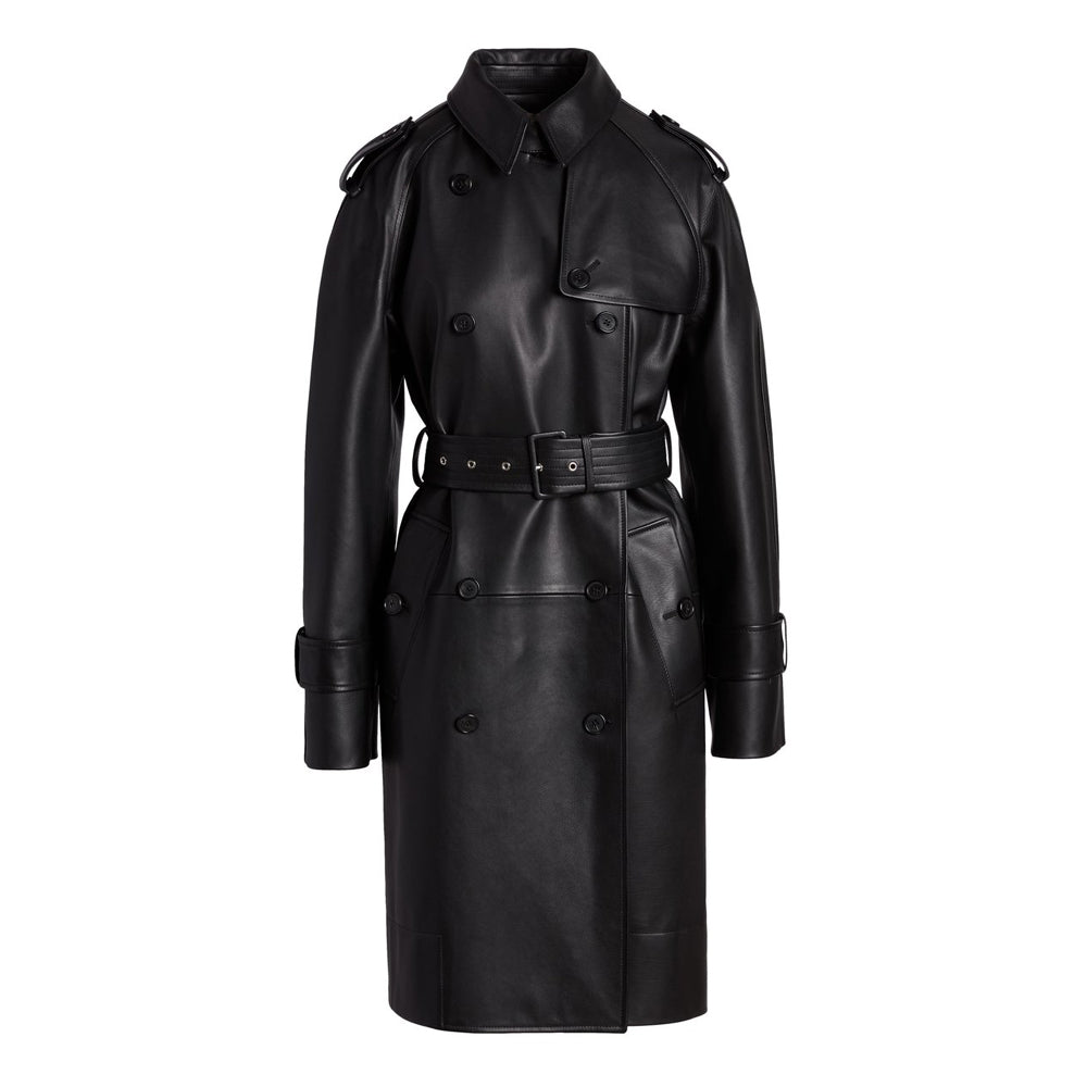 Women's black leather trench coat, double-breasted, belted, epaulettes, long outerwear, fashion