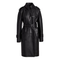 Women's black leather trench coat, double-breasted, belted, epaulettes, long outerwear, fashion