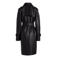 Women's black leather trench coat, back view, belted, center back vent, long outerwear, fashion