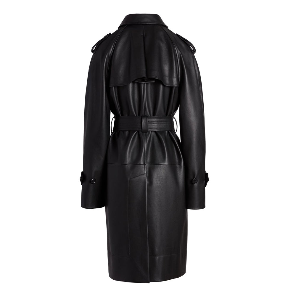 Women's black leather trench coat, back view, belted, center back vent, long outerwear, fashion