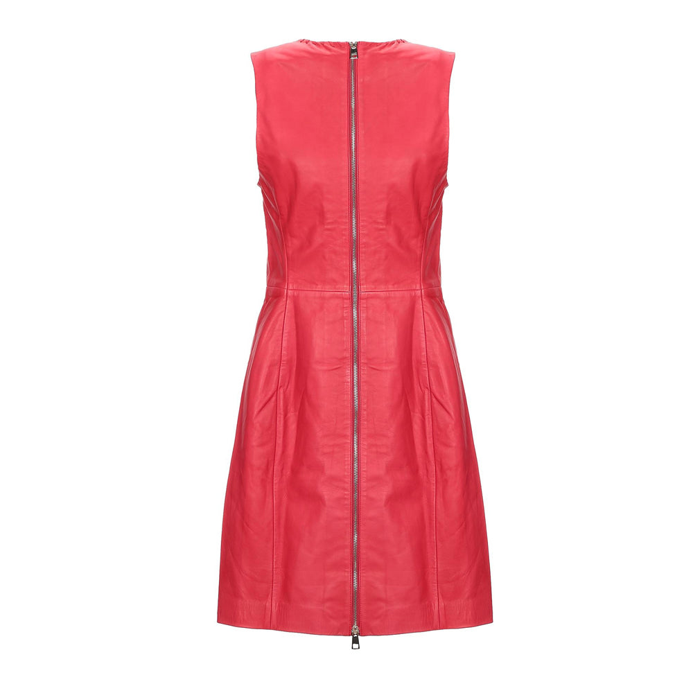 Back view of a Red Real Leather Sleeveless Midi Dress Elegant Fit and Flare Style – Women's Fashion sleeveless, knee-length dress featuring a full-length, visible zipper closure down the center back and subtle vertical seam detailing.