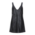 Front view of a black leather mini dress featuring wide shoulder straps, a deep V-neckline, and a slight A-line silhouette. Subtle seam detailing is visible.
