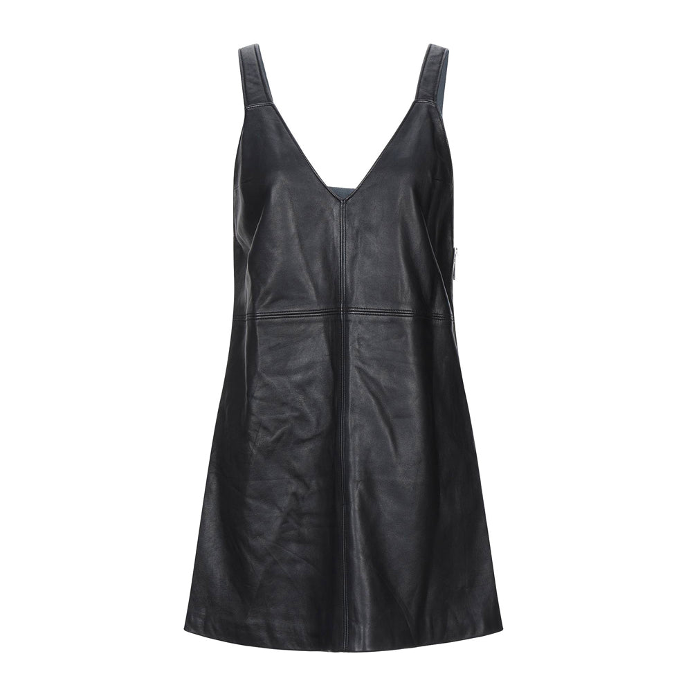 Front view of a black leather mini dress featuring wide shoulder straps, a deep V-neckline, and a slight A-line silhouette. Subtle seam detailing is visible.