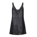 Back view of a black leather mini dress with wide shoulder straps and a smooth, uninterrupted back panel.