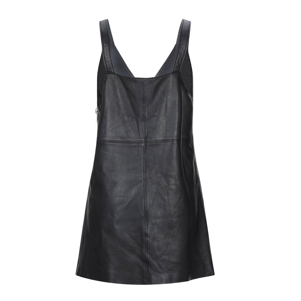 Back view of a black leather mini dress with wide shoulder straps and a smooth, uninterrupted back panel.