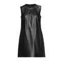  Front view of a black leather mini dress featuring a round neckline, sleeveless design, subtle A-line silhouette, and a visible horizontal seam at the waist.