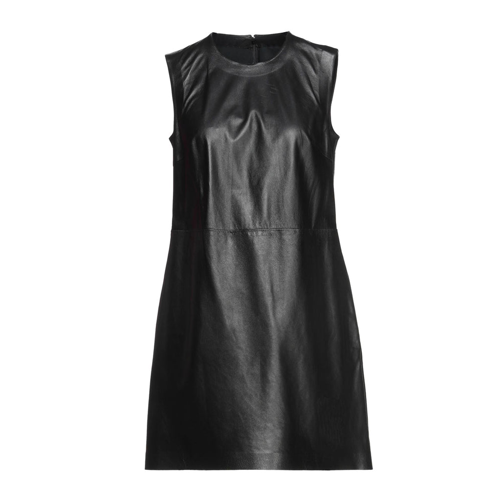  Front view of a black leather mini dress featuring a round neckline, sleeveless design, subtle A-line silhouette, and a visible horizontal seam at the waist.