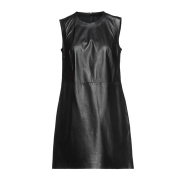  Front view of a black leather mini dress featuring a round neckline, sleeveless design, subtle A-line silhouette, and a visible horizontal seam at the waist.