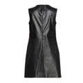 Back view of a black leather mini dress with a concealed back zipper closure for a seamless look.