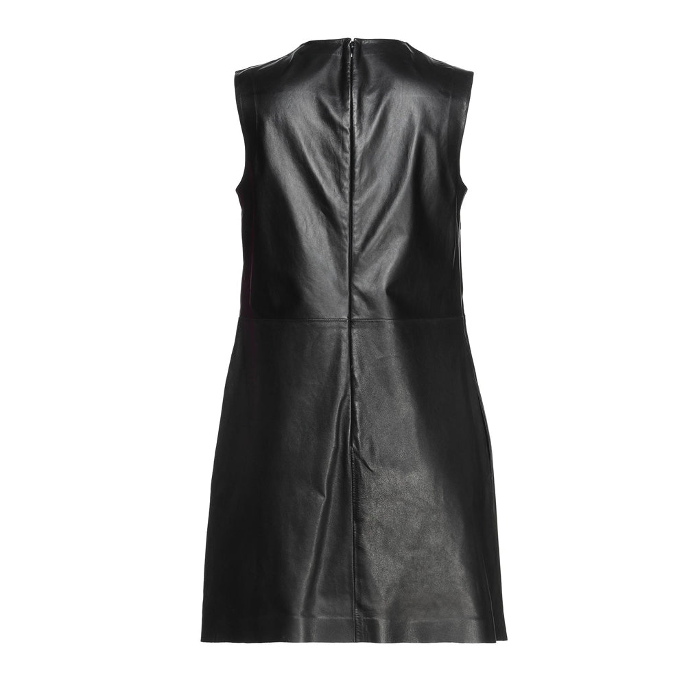 Back view of a black leather mini dress with a concealed back zipper closure for a seamless look.