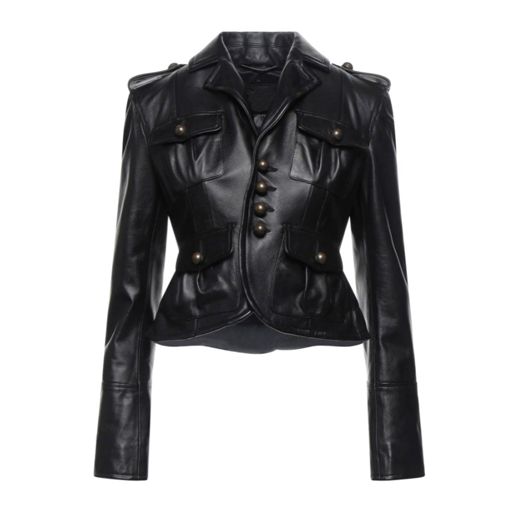Women's black leather jacket, military style, epaulets, buttoned pockets, cinched waist, fashion, outerwear.