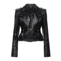 Women's black leather jacket, military style, epaulets, buttoned pockets, cinched waist, fashion, outerwear.
