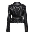 Women's black leather jacket, back view, fitted silhouette, flared hem, fashion, outerwear