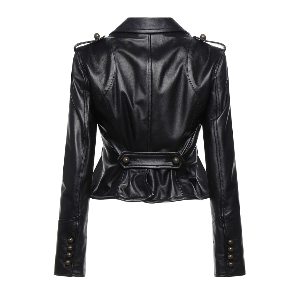 Women's black leather jacket, back view, fitted silhouette, flared hem, fashion, outerwear