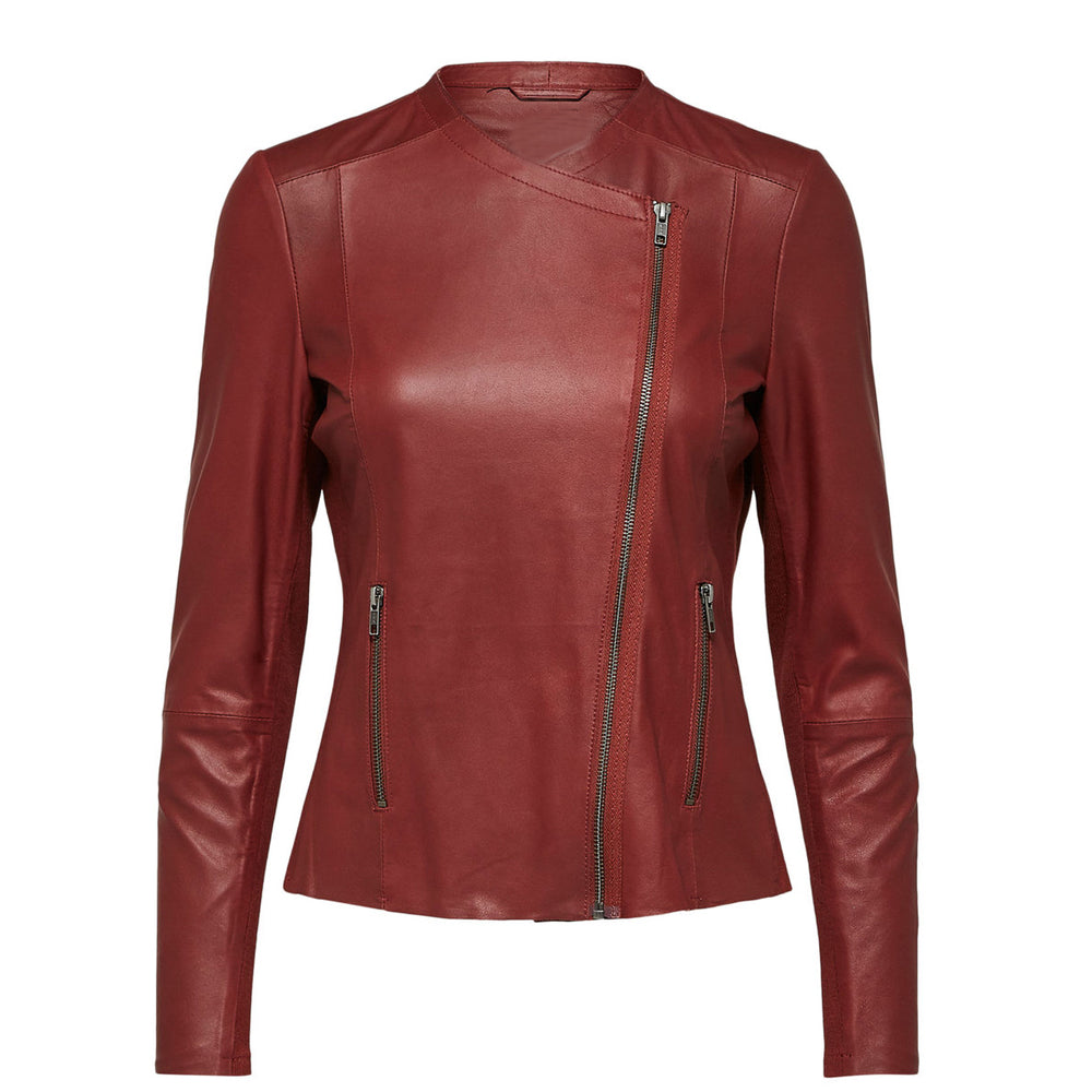 Women's red leather jacket, asymmetrical zipper, pockets, fashion, outerwear