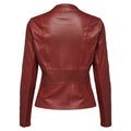 Women's red leather jacket, back view, fitted silhouette, fashion, outerwear