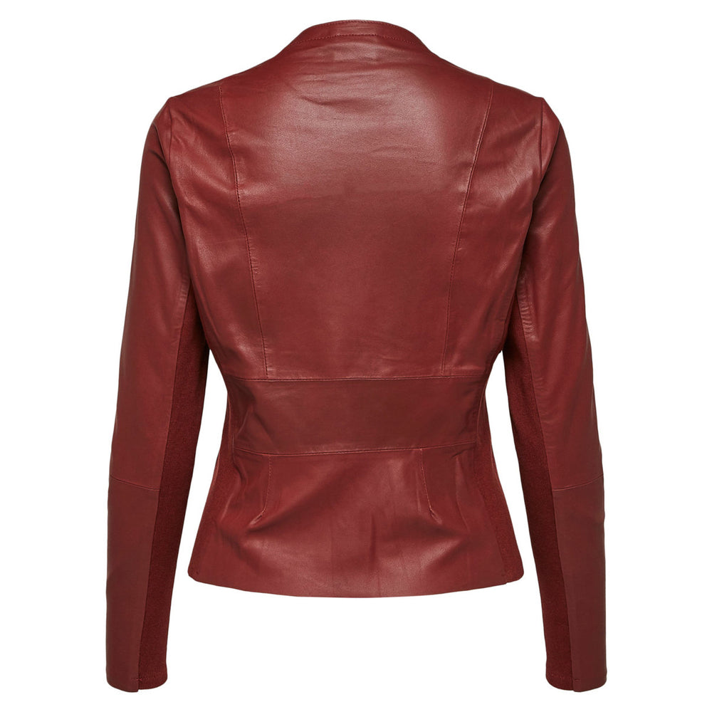 Women's red leather jacket, back view, fitted silhouette, fashion, outerwear