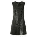 Front view of a women's sleeveless crocodile-embossed leather mini dress in black with a textured A-line design, featuring button details on the shoulders.