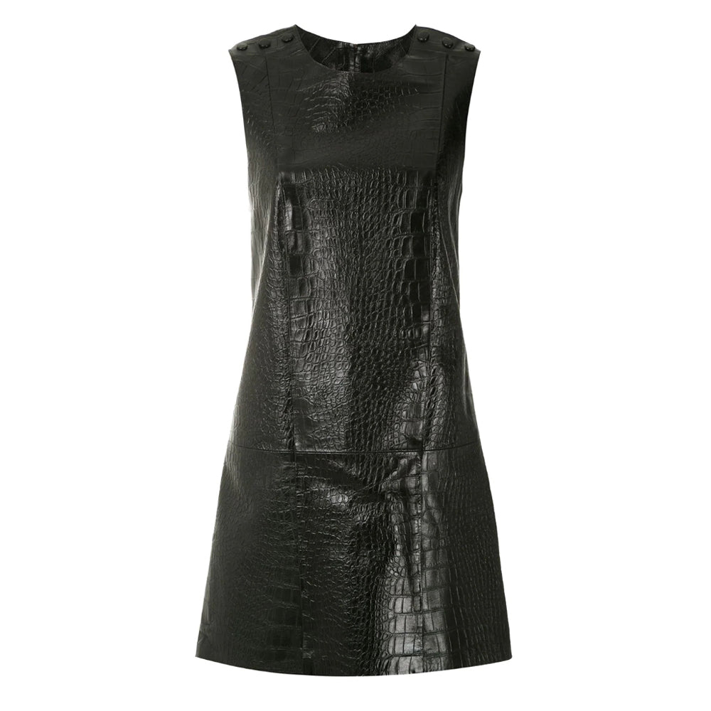 Front view of a women's sleeveless crocodile-embossed leather mini dress in black with a textured A-line design, featuring button details on the shoulders.