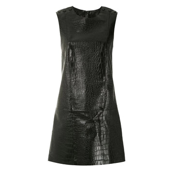 Front view of a women's sleeveless crocodile-embossed leather mini dress in black with a textured A-line design, featuring button details on the shoulders.