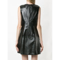 Back view of a women's sleeveless crocodile-embossed leather mini dress in black with a textured pattern, showcasing a concealed zipper closure.