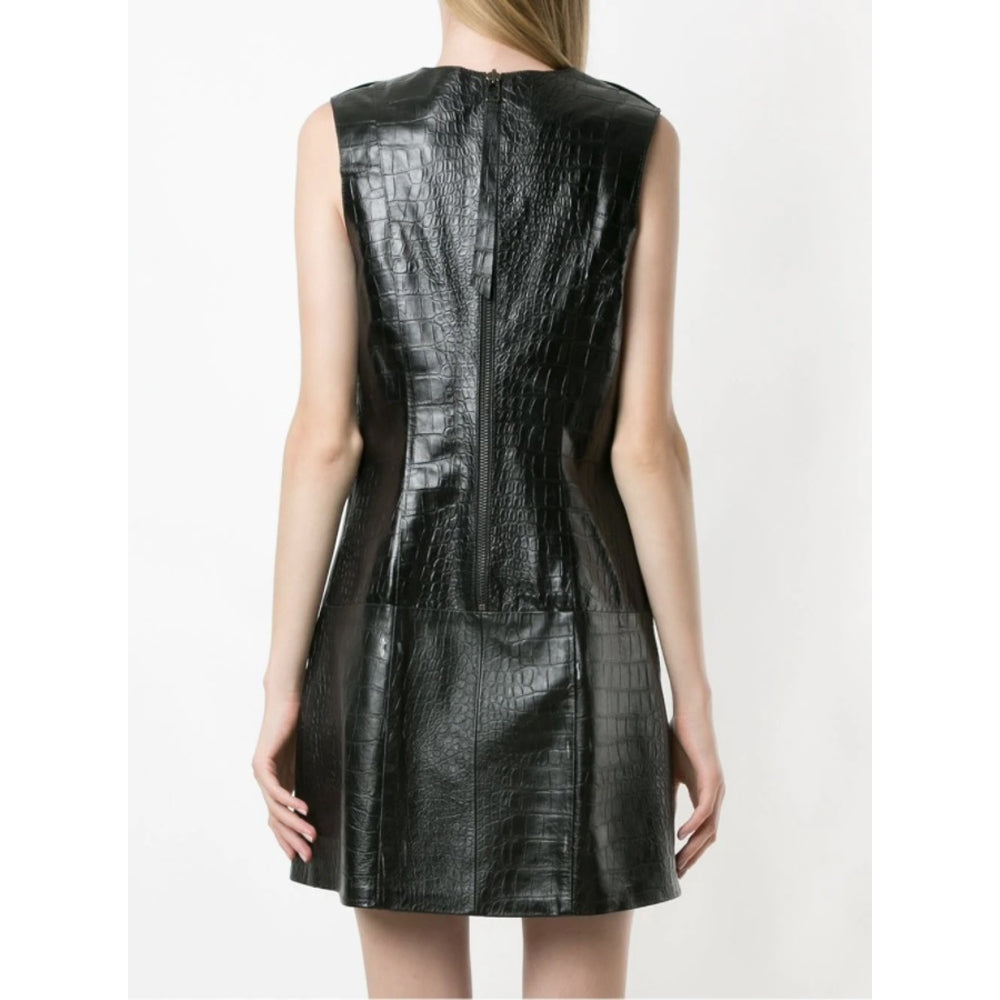 Back view of a women's sleeveless crocodile-embossed leather mini dress in black with a textured pattern, showcasing a concealed zipper closure.